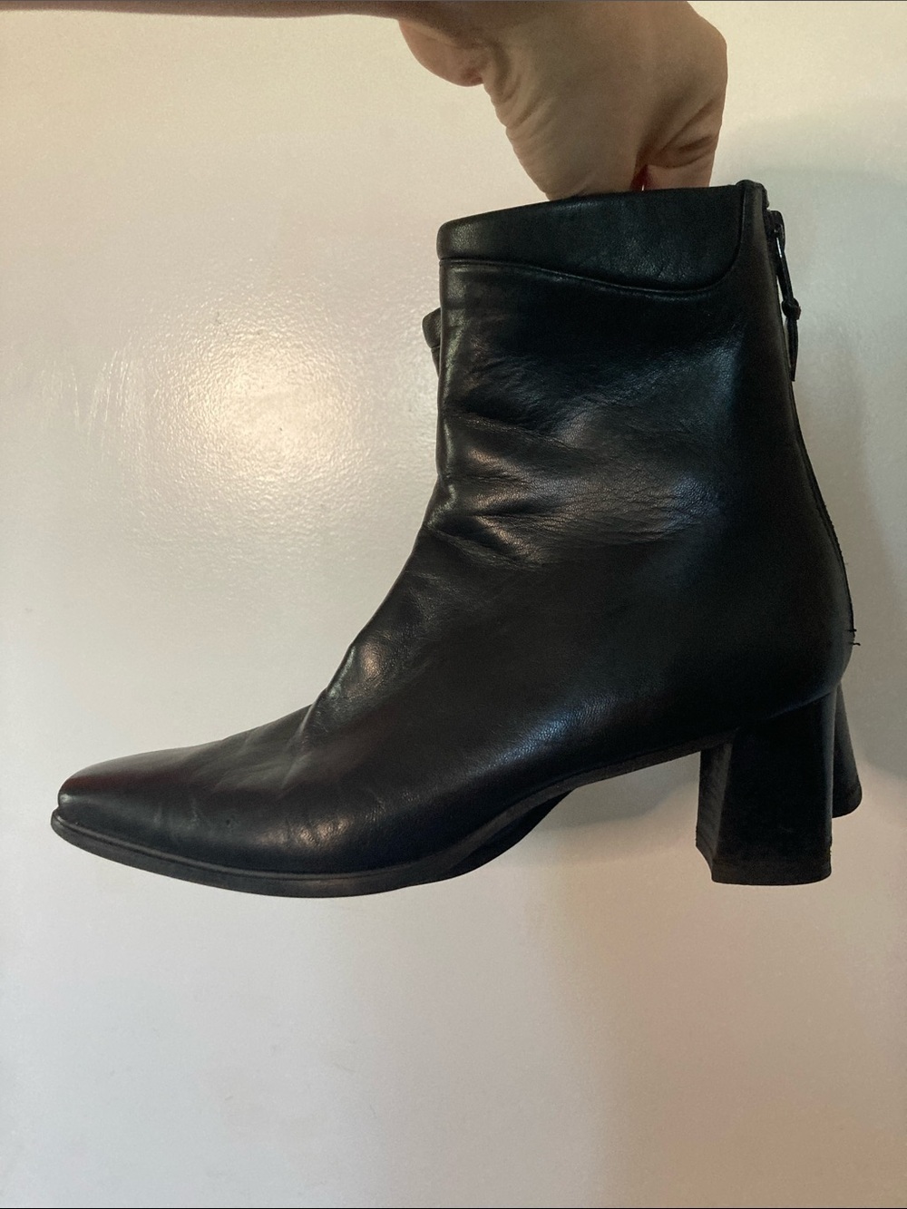 Stuart Weitzman Black Leather Pointed square toe Ankle Bootie with 2” heel
